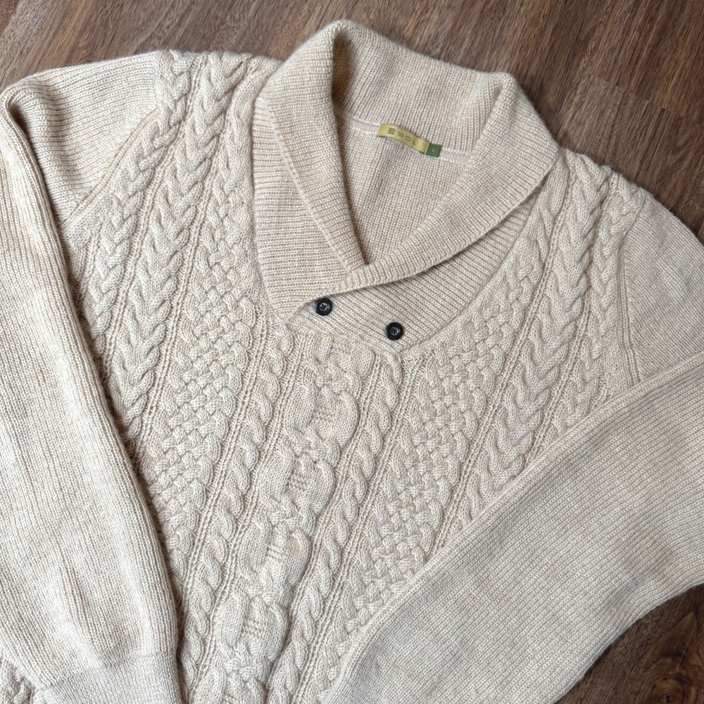SOL Baby Alpaca Cable Knit Shawl Collar Sweater Women L Beige Cream Quiet Luxury